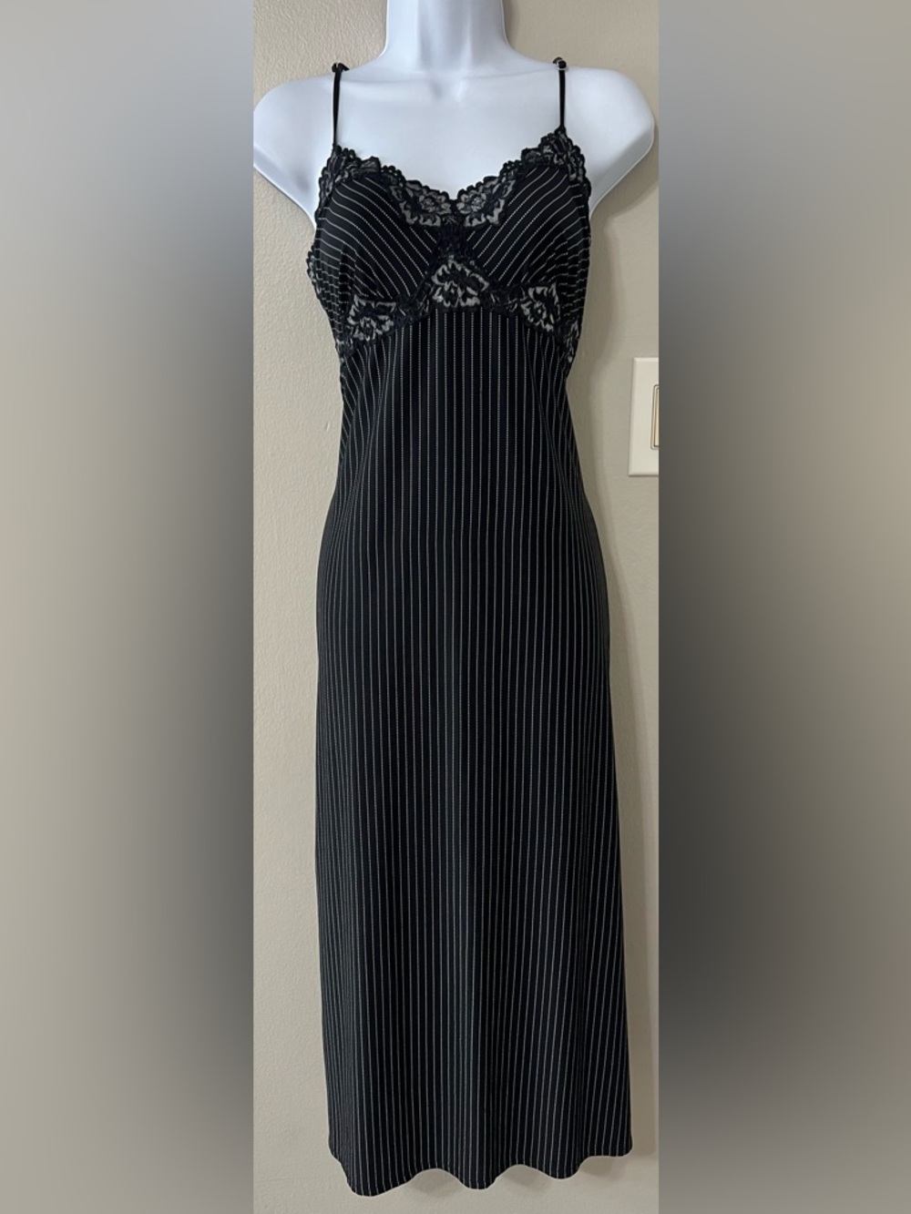 Vintage Black Lace Slip Dress Pinstripe Midi Nightgown Y2K Minimalist Goth Chic